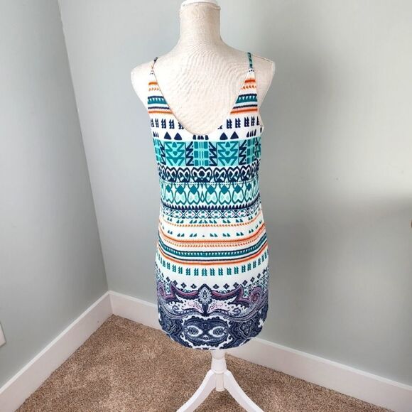 JOY JOY WOMEN'S PULL OVER SPAGETTI STRAPS AZTEC PRINT LINED DRESS SIZE SMALL - Picture 4 of 6